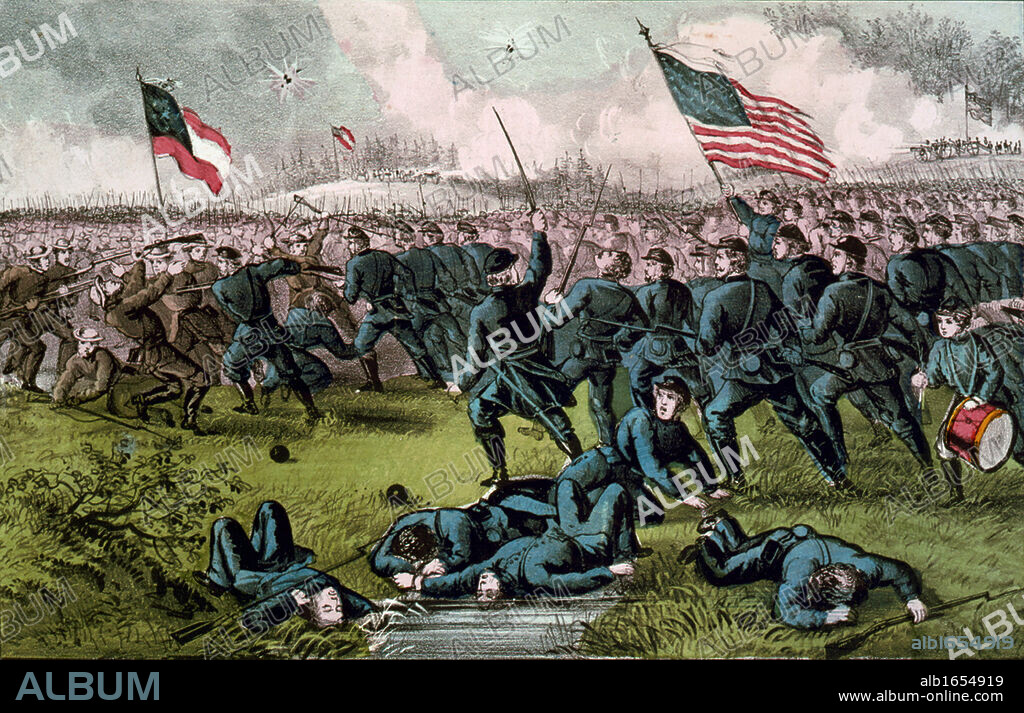 American Civil War 1861-1865: Second Battle of Corinth, Mississippi, 3-4 October 1862. Confrontation of Union and Confederate infantry, bayonets drawn. Union victory. Drummer-boy, right, casualties, foreground. Currier & Ives.
