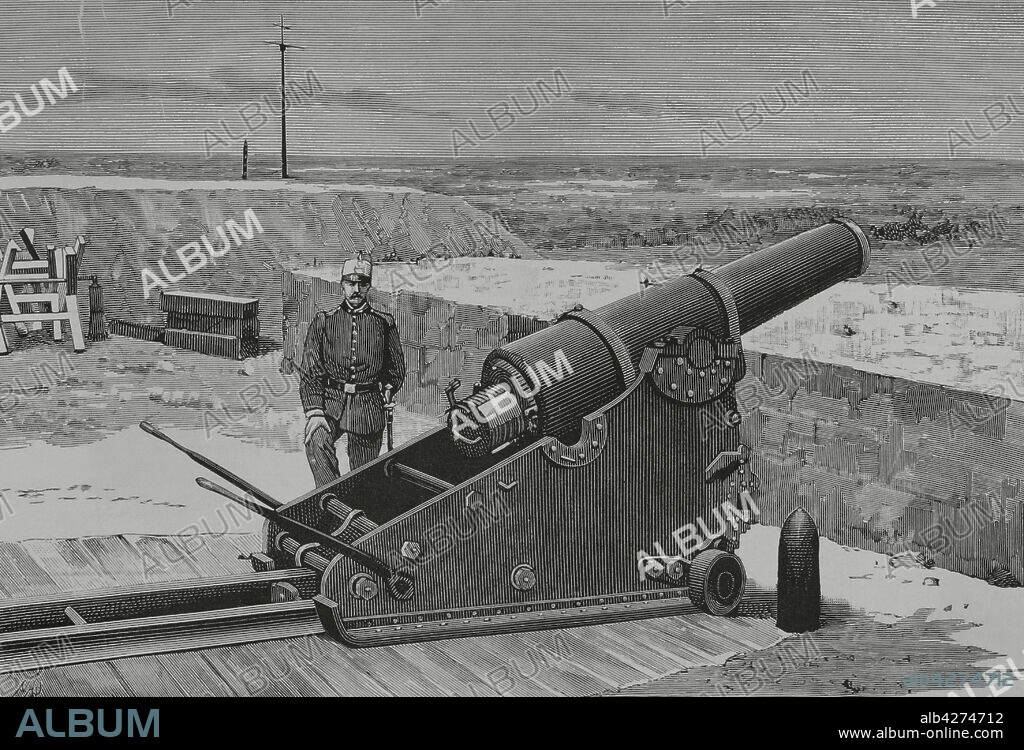 MANUEL NAO (1843-1884). SPANISH ARTIST AND ILLUSTRATOR.. Spain. The new "Plasencia Cannons". Experimental howitzer-mortar nr. 1. Testing at the Torregorda camp (Cádiz) during the months of June to September 1882. Calibre 21 cm. Withstood 602 shots in tests. Drawing by Nao. Engraving. La llustración Española y Americana, 1882.