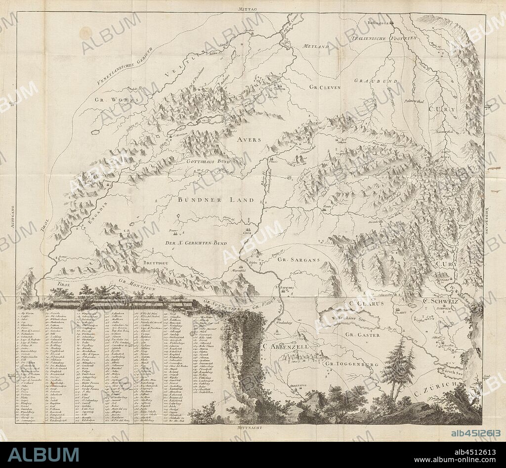 Map of Eastern Switzerland, Map of Grisons, Uri, Glarus, Appenzell, Zurich with inscription of the mountains, etching, plate 15, after S. IX (part 2), 1760, Gottlieb Sigmund Gruner: Die Eisgebirge des Schweizerlandes. Bern: Abraham Wagner, Sohn. 1760.