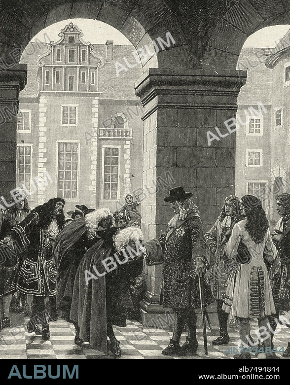 Friedrich Wilhelm, Kurfürst von Brandenburg (der Große Kurfürst), 1620-1688. - "Der große Kurfürst und die Emigranten". (Empfang der geflohenen Hugenotten nach dem Edikt von Potsdam vom 8. November 1685). Holzstich, um 1890, nach Gemälde von Hermann Knackfuß (1848-1915).