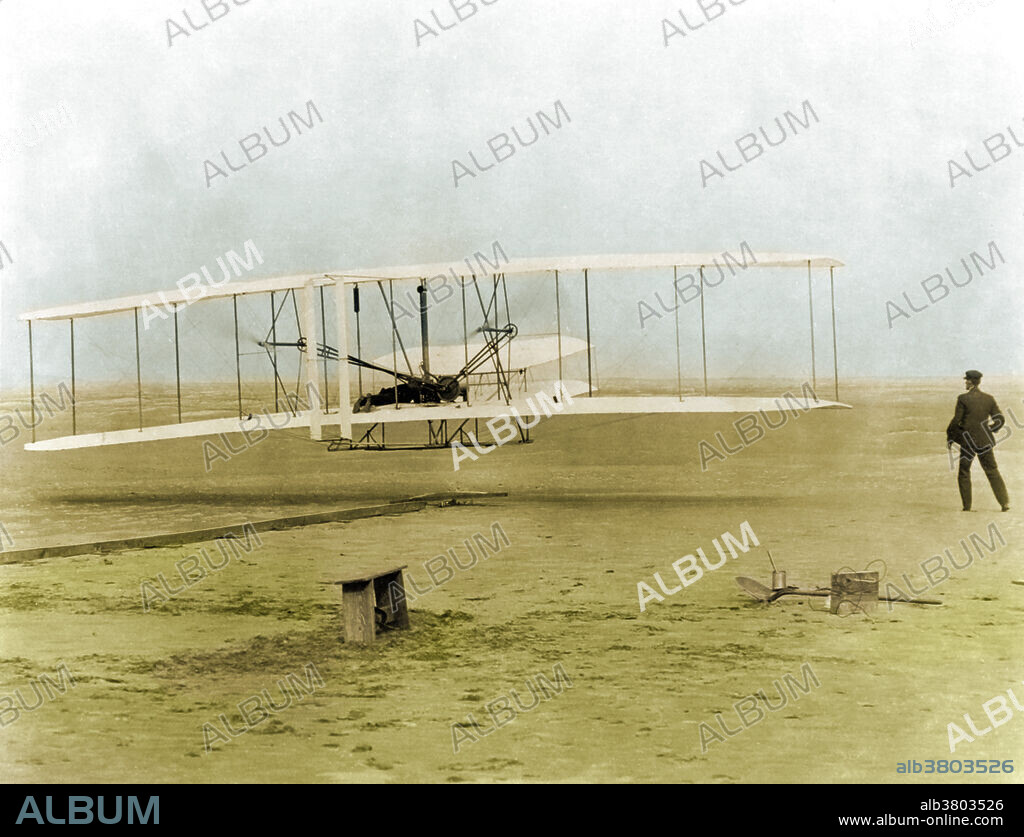 The Wright Brothers' First Heavier-than-air Flight. On December 17, 1903, at 10:30 am at Kitty Hawk, North Carolina, this airplane rose for a few seconds to make the first powered, heavier-than-air controlled flight in history. The first flight lasted 12 seconds and flew a distance of 120 feet. Orville Wright piloted the historic flight while his brother, Wilbur, observed. The brothers took three other flights that day, each flight lasting longer than the other with the final flight going a distance of 852 feet in 59 seconds. This flight was the culmination of a number of years of research on gliders. After the successful flights of December 17, 1903, Orville and Wilbur continued to perfect their plane. In 1909 the Army Signal Corps purchased a Wright Flyer, creating the first military airplane.