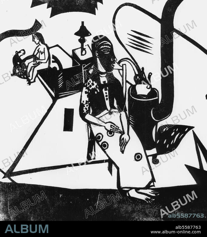 HEINRICH CAMPENDONK. Campendonk, Heinrich. 1889-1957. "Interieur mit Ofen", undat. Holzschnitt. (Bildquelle ohne Maßangaben). Saarbrücken, Saarland-Museum.