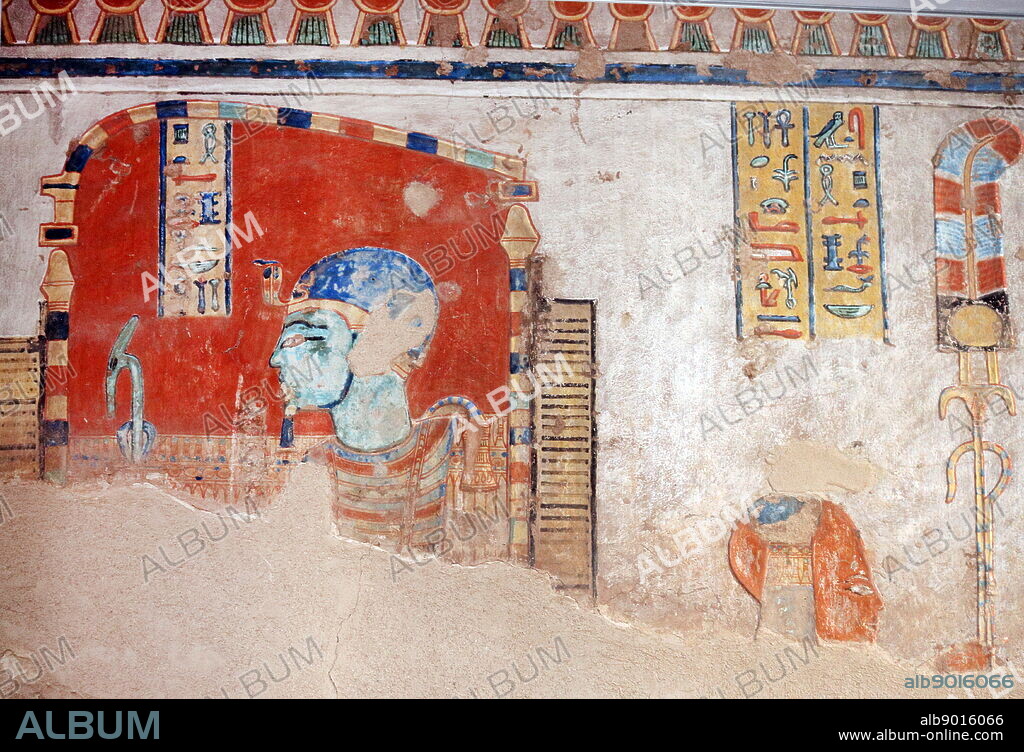 Wall painting in the tomb of Prince Khaemweset (Khaemweset, Khaemwese or Khaemwaset); fourth son of Ramesses II, who was born c. 1303 BCE; died July or August 1213 BCE; reigned 1279-1213 BCE, and the second son by his queen Isetnofret.
