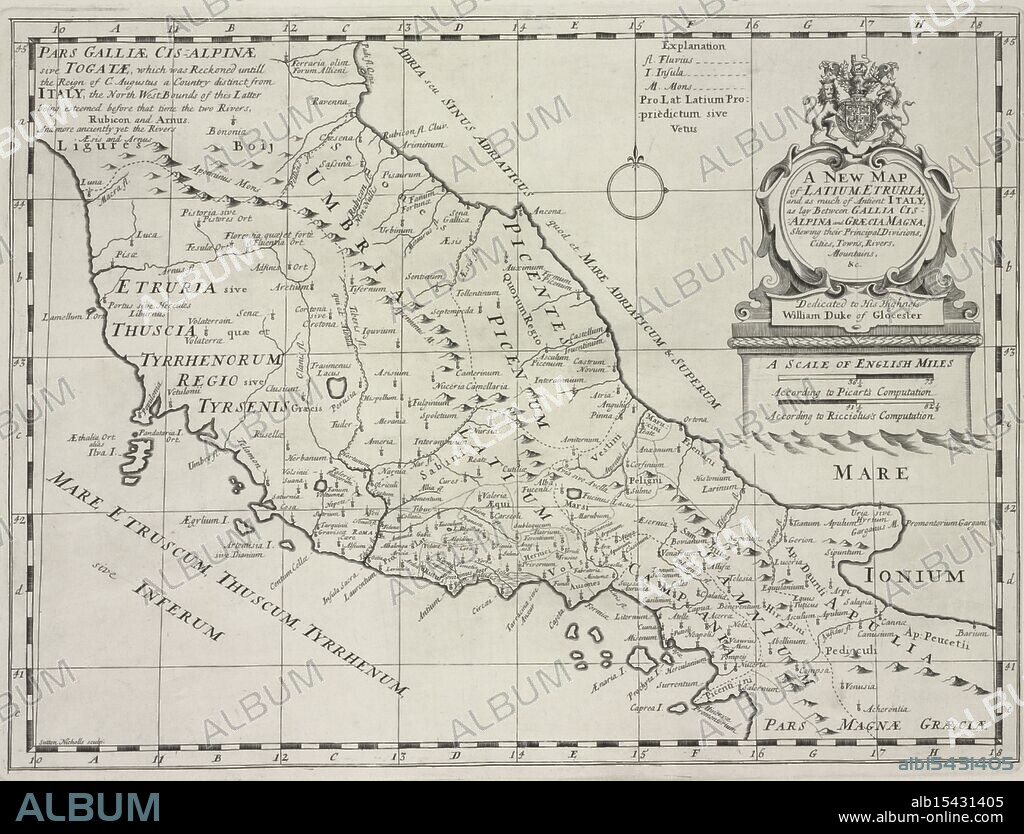 A new map of Latium, Etruria, and as much of ancient Itally, as lay between Gallia Cisalpina and Græcia Magna, shewing their principal divisions, cities, towns, rivers, mountains &c., 1700, Sheldonian Theatre, Additional title: Latium, and Etruria., Date Issued: 1700, Place: Oxford :, Publisher: Printed at theTheater, Atlases, British, Geography, Ancient, Maps in education, England, Maps, Ancient lands unfold, Cities rise amidst the hills, History's terrain.