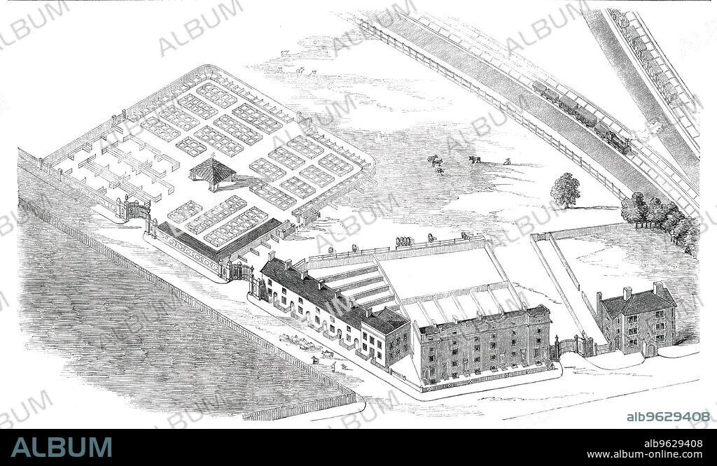New Cattle-Market, Reading, 1850. 'The committee unanimously selected the plan designed by Mr. B. Clacy, architect, of Reading. The site chosen is a large meadow adjoining the Great Western and Berks and Hants Railways, on the northern side of Reading, with an entrance to the Market close to the station-road. The meadow being subject to floods, the whole area of the Market is to be raised with chalk above flood level...The whole fitting-up of the Markets is to be of wrought iron. The calf pens will be roofed over with corrugated zinc, supported on iron columns...The earthwork is being executud by Messrs. Orton and Son. The whole of the contract is taken by Messrs. Barnes and Turner, of Reading, at £1600. The first brick was laid by Mr. Haslam, chairman of the committee...The men engaged on the preparatory works...accompanied the ceremony with several hearty cheers'. From "Illustrated London News", 1850.