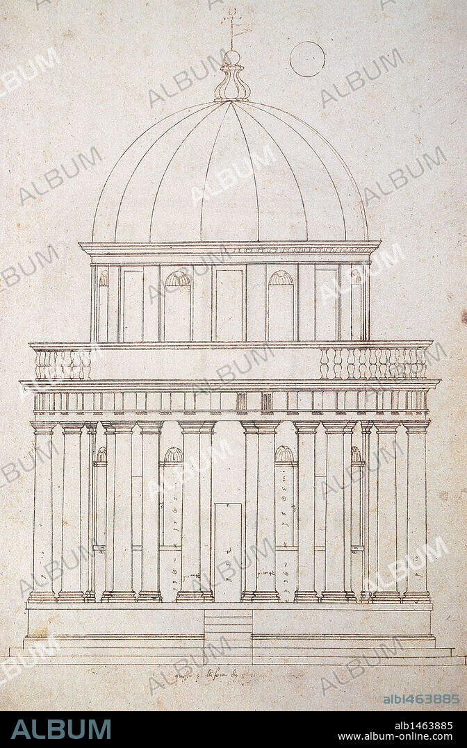 Renaissance Art. Italy. San Pietro in Montorio. The Tempietto built by Donato Bramante (1444-1514). Drawing by Andrea Palladio (1508-1580). Elevation. The Four Books of Architecture (I Quattro Libri dell'Architettura). Italy.