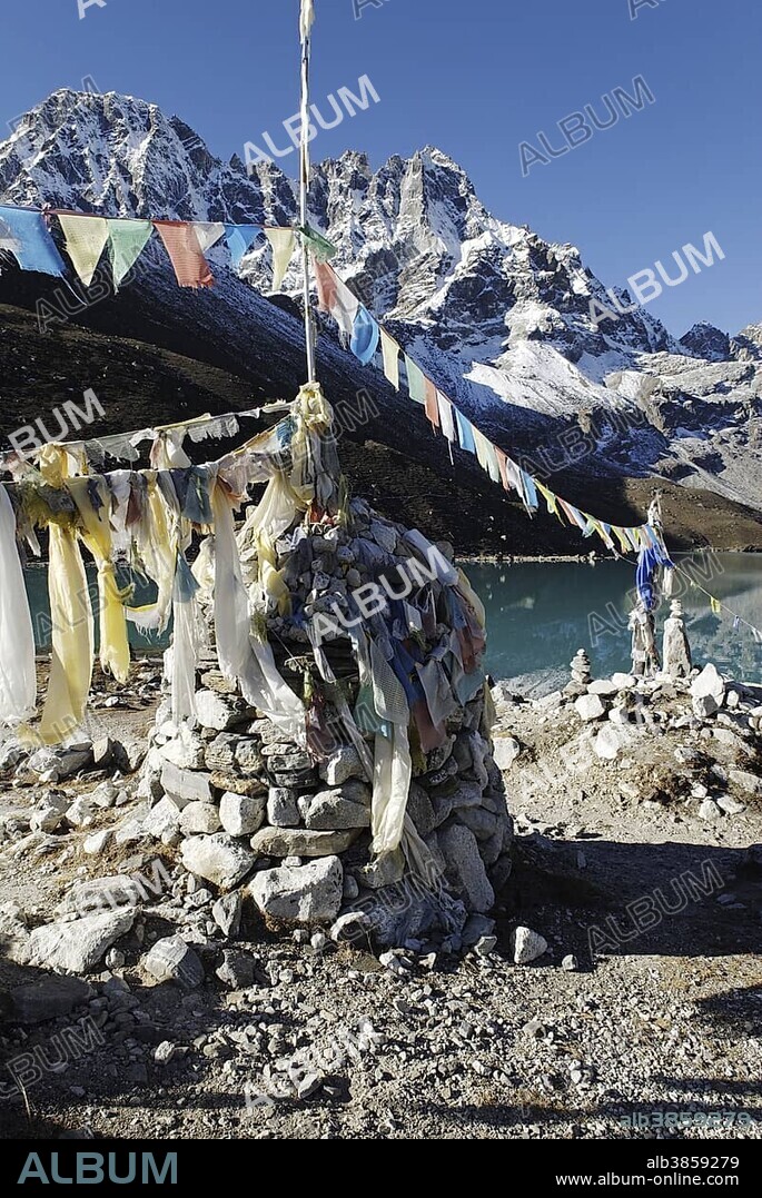 Holy lake Dudh Pokhari near Gokyo and Pharilapche(6017), Sagarmatha National Park, Khumbu, Nepal, Asia.