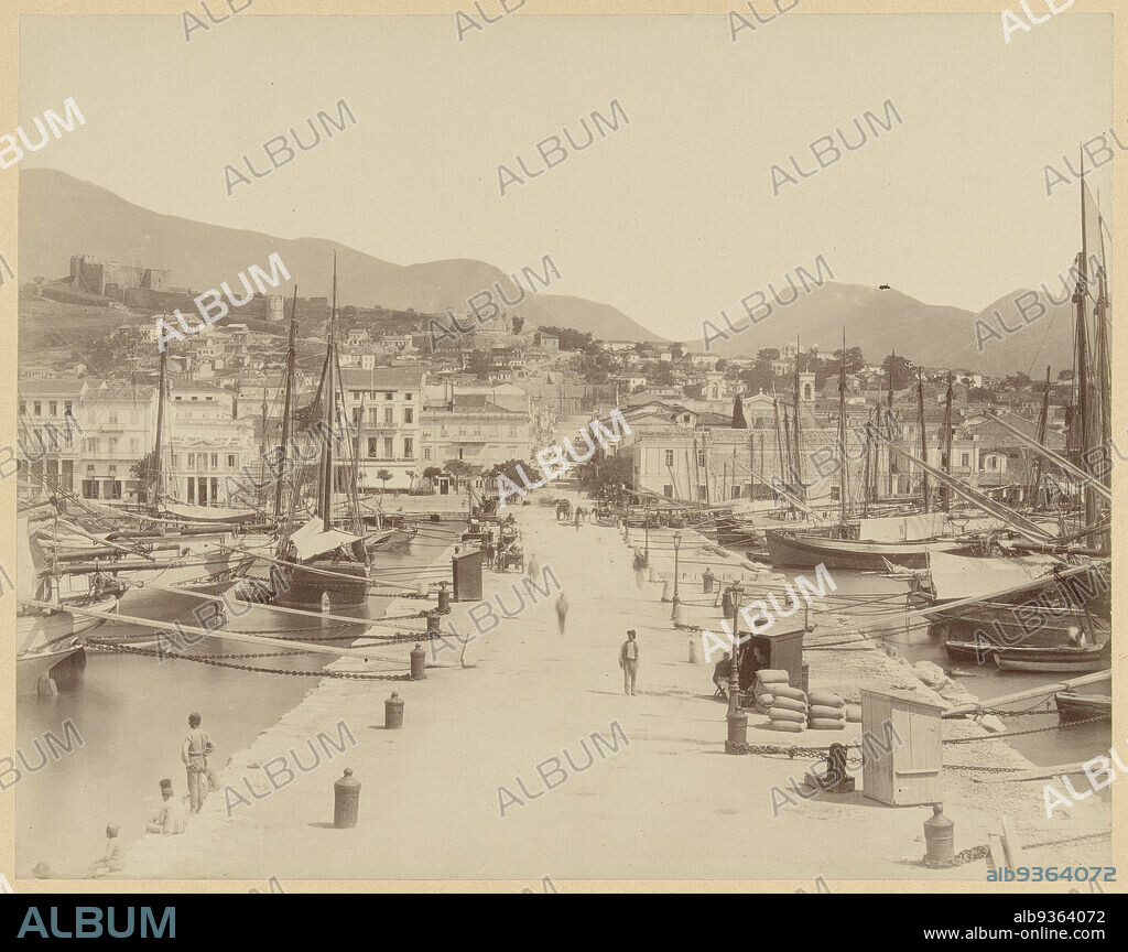 G 59. Port of Patras. (title on object), Greece (series title), View of the port of Patras with sailing ships on both sides of the quay. The photograph is part of the series of photographs of Greece collected by Richard Polak., unknown, Athene, Netherlands, c. 1895 - c. 1915, photographic support, paper, collotype, height 217 mm × width 275 mmheight 467 mm × width 556 mm.