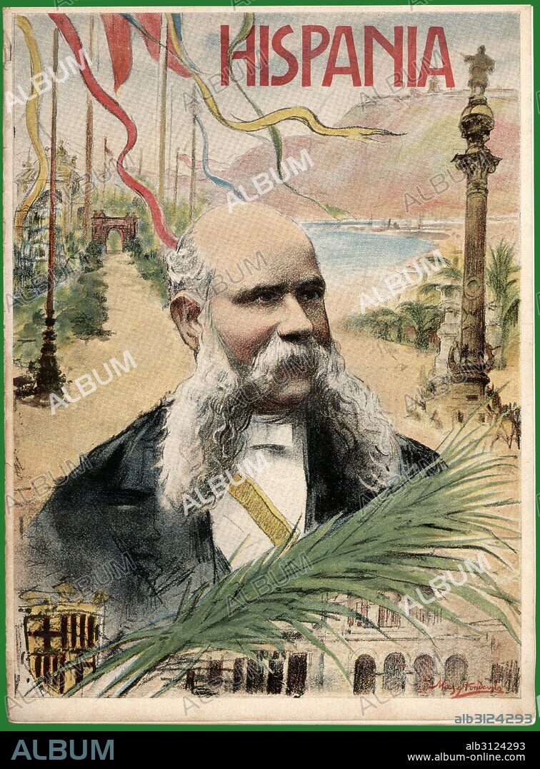 Portada de la revista modernista Hispania dedicada al alcalde de Barcelona, Francesc Rius i Taulet (1833-1889). Dibujo de Mas y Fondevila. Año 1901.