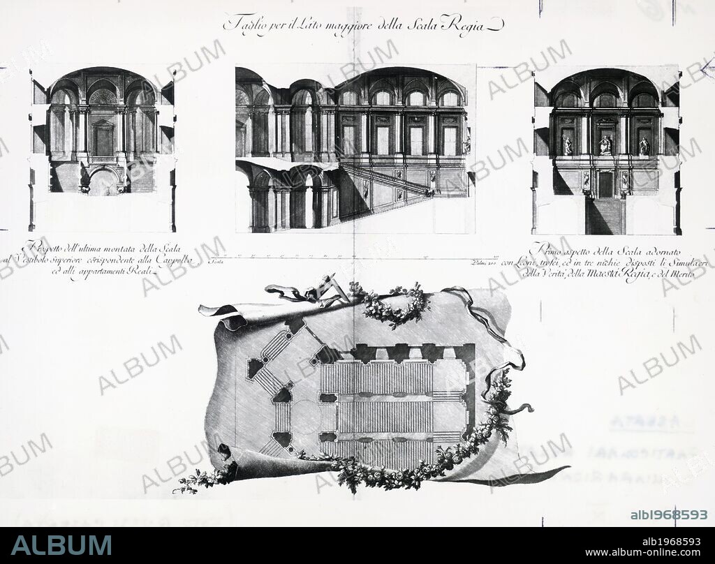 Plan of the Honour Grand Staircase at the Royal Palace of Caserta, by Luigi Vanvitelli (1700-1773). Italy, 18th century.