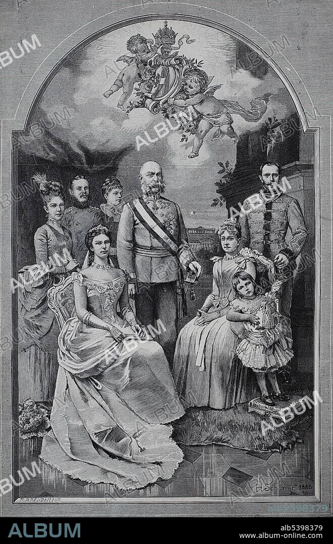 Empress Elisabeth of Austria, Franz Joseph I, Archduchess Marie Valerie, Archduchess Gisela, Stephanie and Elizabeth, Leopold of Bavaria, Archduke Rudolf, 1889, historical woodcut, Germany, Europe.