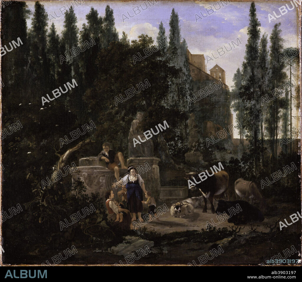 JAN LAPP. An Italian Landscape with Figures and Cattle. Date/Period: 17th century. Painting. Oil on canvas Oil. Height: 568 mm (22.36 in); Width: 643 mm (25.31 in).