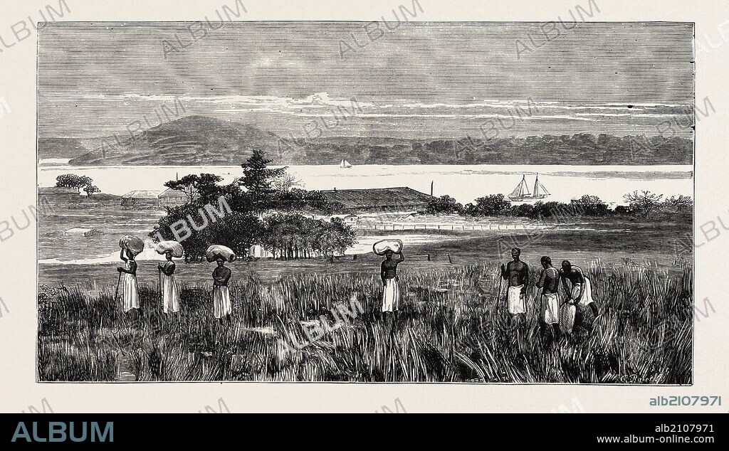AN ENGLISH TRADING SETTLEMENT AT EMBOMA, CONGO RIVER, COAST OF AFRICA.