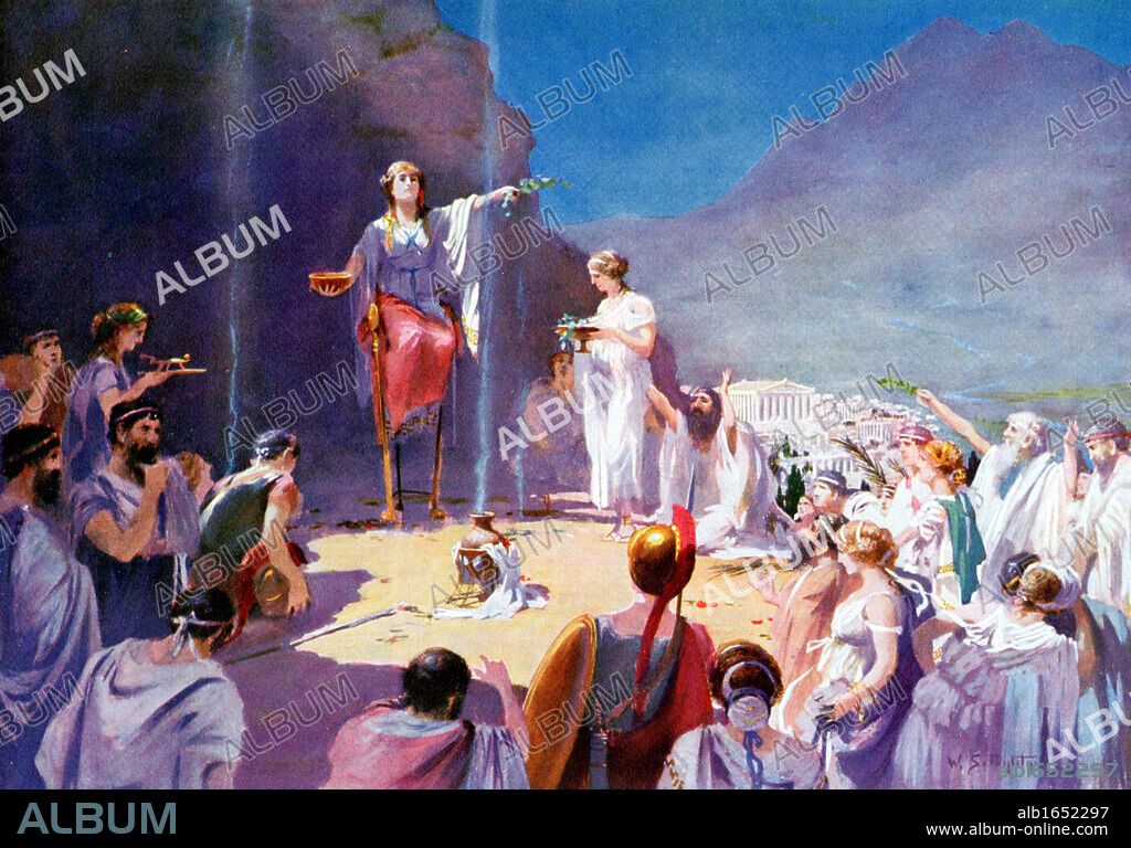 Consulting the Delphic Oracle After 19th century painting. Priestess of temple of Apollo at Delphi (Delphos now Kastri), known as Pythia, most famous Ancient Greek oracle. Position held by celibate woman over 50 whose words were delivered to supplicant in often ambiguous verse by priests. Suppressed by Theodosius 4th century AD. Greeks considered Delphi at foot of Mount Parnassus to be navel of the world.