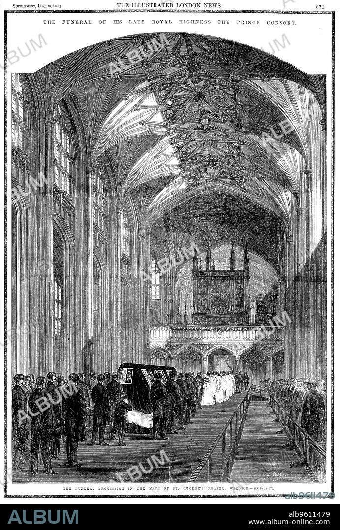 Funeral of Albert (1819-1861), Prince Consort of Queen Victoria, 1861. The  funeral procession in the nave of St George's Chapel, Windsor. The death of Albert in 1861, from typhoid fever, was a crushing blow to Queen Victoria, who wore mourning dress for the remaining 40 years of her life. From the first issue of The Illustrated London News to be published after Albert's death, from typhoid fever, on 14 December 1861. The black border denotes the nation's mourning.