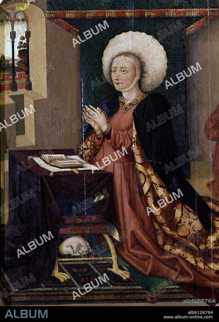 JORGE INGLÉS. RETABLO DE LOS MARQUESES DE SANTILLANA - DETALLE DE LA MARQUESA CATALINA DE FIGUEROA - 1455- PROCEDE DE LA CAPILLA DEL HOSPITAL DE BUITRAGO.