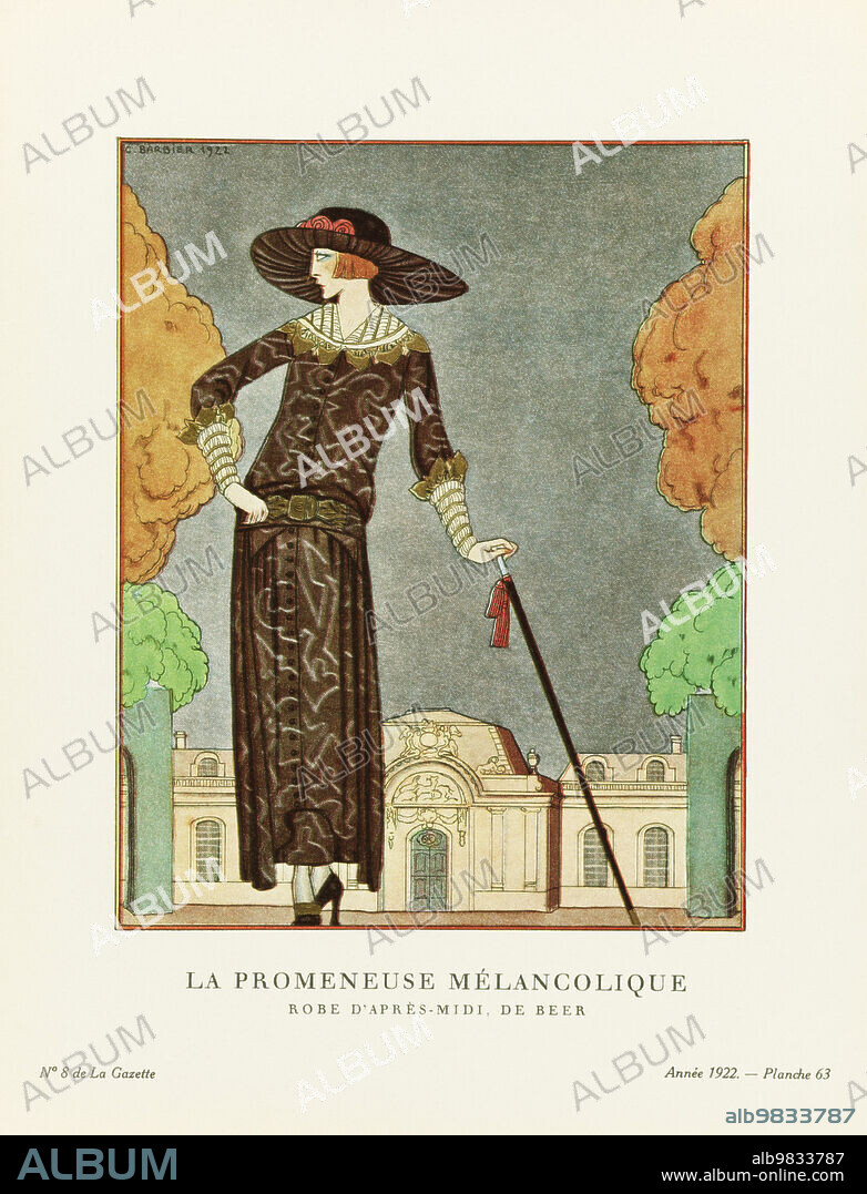 EDITORIAL Adieu! Farewell! Manteau du Soir, de Worth. Evening coat by Worth. Art-deco fashion illustration by French artist George Barbier, 1882-1932. The work was created for the Gazette du Bon Ton, a Parisian fashion magazine published between 1912-1915 and 1919-1925.