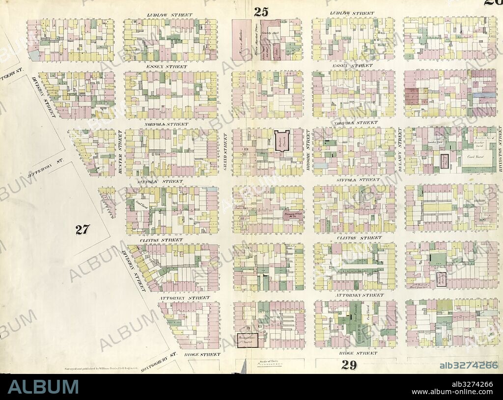 Plate 26: Map bounded by Rivington Street, Ridge Street, Division Street, Canal Street, Ludlow Street. 1857, 1862, Perris and Browne, New York, USA.