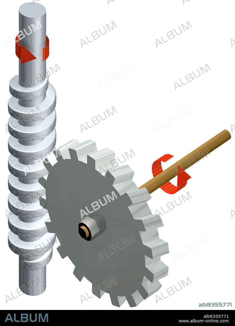 One-way gearing system (only the screw can drive the wheel) for slowing down the speed of rotation between two perpendicular axles; it is used especially in the automobile industry.