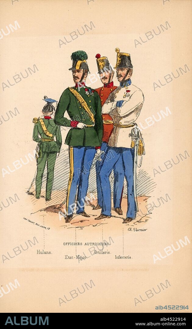 Austrian Officers, Officers of the Austrian Army Regiment of the Austro-Hungarian Monarchy, signed: Ch. Vernier, Fig. 24, Part 2, after p. 236, Vernier, Ch. (dess.), Amédée de Cesena: Campagne de Piémont et de Lombardie en 1859. Paris: Garnier frères, 1860.