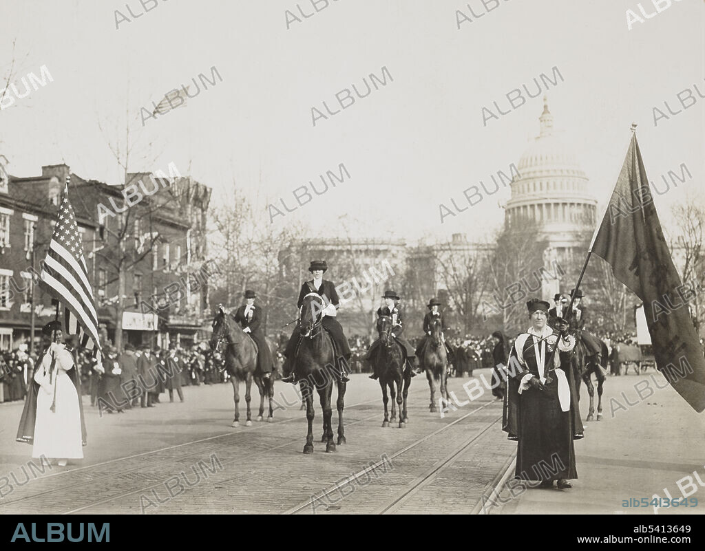 Women suffragettes led by May Jane Walker Burleson (center on horseback). Woman carrying American flag is Edith Bentley Thomas Farquhar, a member of the Sandy Spring Quakers. The Woman Suffrage Procession was the first suffragist parade in Washington, DC, and the first large, organized march on Washington for political purposes. The procession was organized by the suffragists Alice Paul and Lucy Burns for the NAWSA.  Participation numbers vary between 5,000 and 10,000 marchers. Suffragettes and supporters marched down Pennsylvania Avenue on March 3, 1913, the day before President Wilson's inauguration. George Grantham Bain Collection (cropped and cleaned).