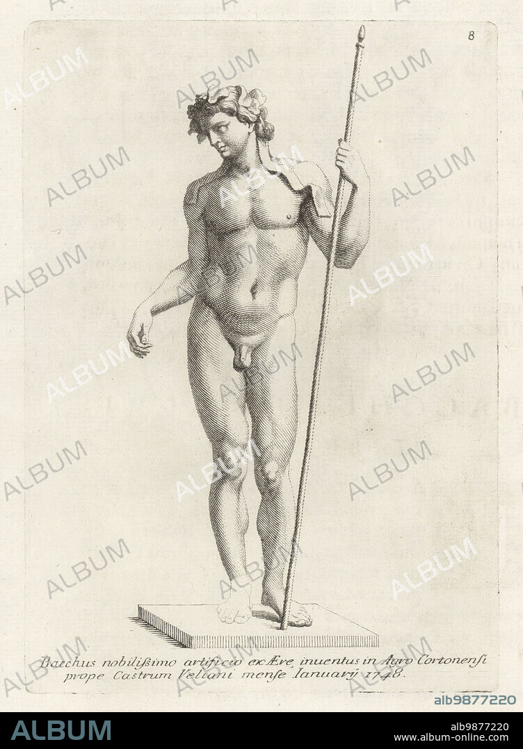 Etruscan bronze figure of Bacchus, naked youth with ivy crown and spear. In Etrsucan religion, Fufluns, Fufluns Pacha or Puphluns, was god of wine, plant life, happiness, health. One of the nine gods capable of sending thunderbolts. Roman Bacchus, Greek Dionysus. Statue found in a field near Valiano Castle in January 1748. Bacchus nobilissimo artificio ex Aere inuentus in Agro Cortonensi prope Castrum Veliani mense January 1748. Copperplate engraving from Francesco Valesio, Antonio Gori and Ridolfino Venutis Academia Etrusca, Museum Cortonense in quo Vetera Monumenta, (Etruscan Academy or Museum of Cortona), Faustus Amideus, Rome, 1750.
