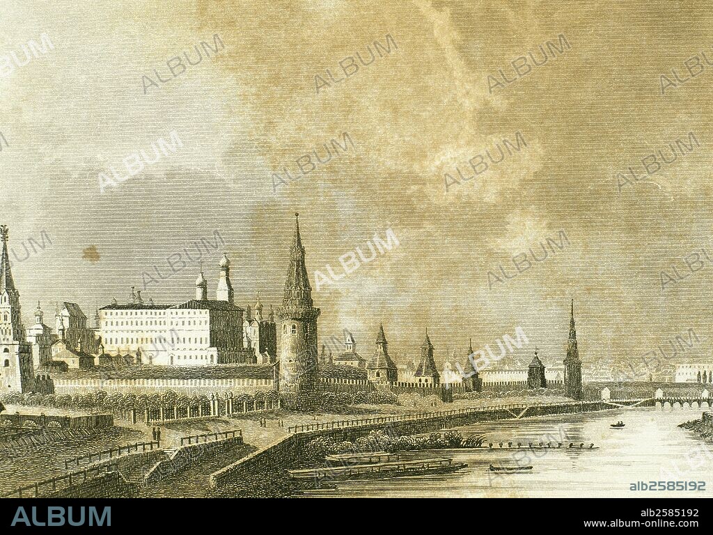 HISTORIA DE RUSIA. MOSCU. Representación del KREMLIN, junto al RIO MOSCOVA, visto desde el puente de piedra. Era el antiguo palacio real (siglo XIV). Grabado del siglo XIX.