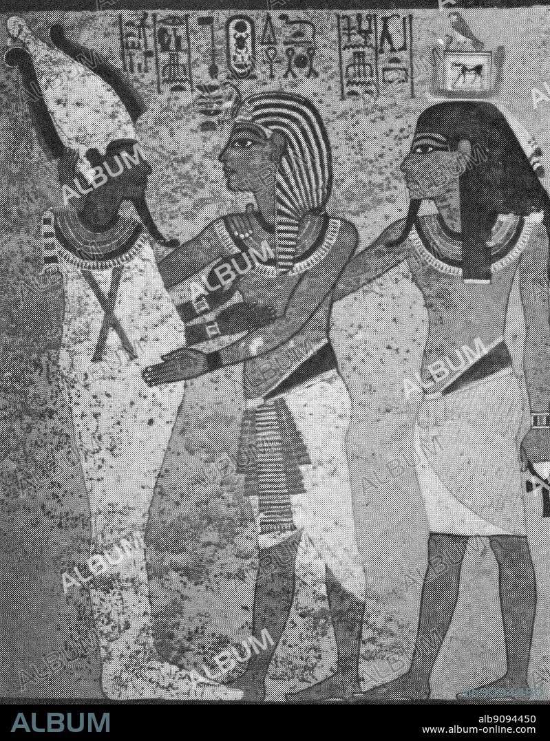 Wall paintings on the north wall of Tutankhamun's tomb. Tutankhamun accompanied by his double (ka) embraces the God osiris, lord of the West. The Treasures of Tutankhamen, The Exhibition Catalogue by I E S Edwards, page 43.