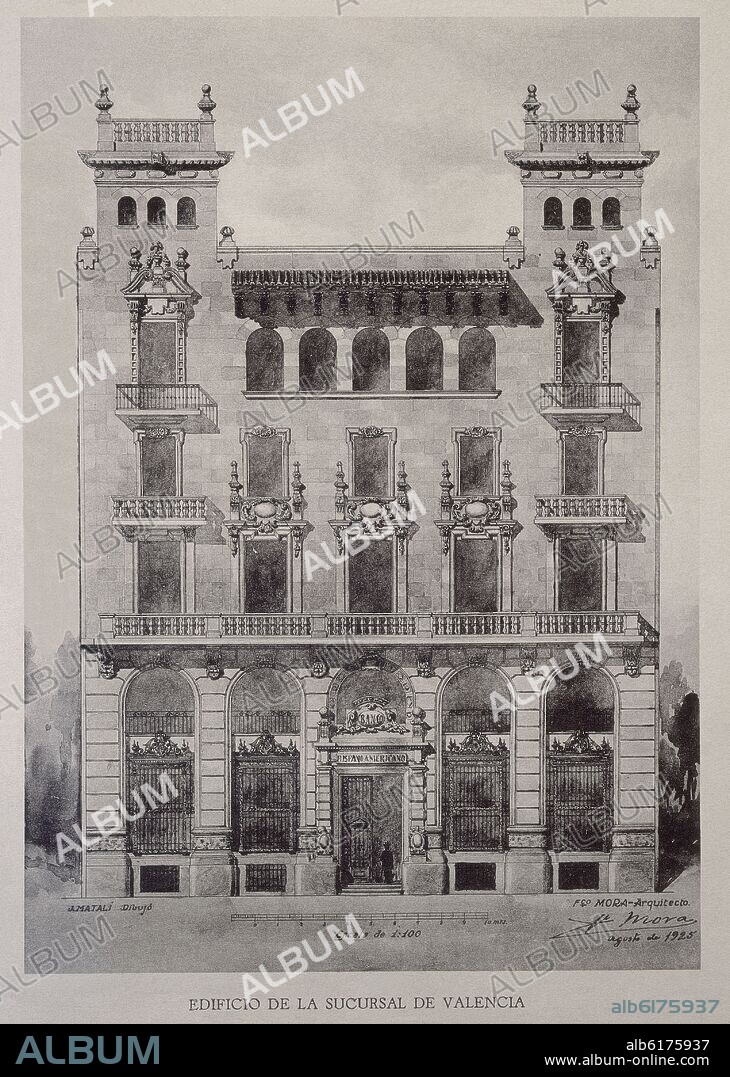J. MATALI. DIBUJO- EDIFICIO DE LA SUCURSAL DEL BANCO HISPANO AMERICANO DE VALENCIA- 1925.