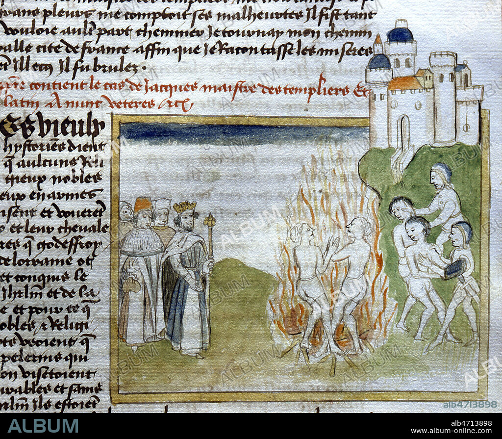 Jacques de MOLAY (1243-1314), grand maitre des Templiers, est brule sur l'ordre de Philippe LE BEL (1268-1314), en 1314 (XIVe, 14e, 14eme s.). Enluminure provenant de l'ouvrage de BOCCACE (1313-1375) 'Le cas des nobles hommes et dames'. Manuscrit medieval conserve a la bibliotheque municipale de Bergues. Credit Collection JEAN VIGNE/KHARBINE TAPABOR.