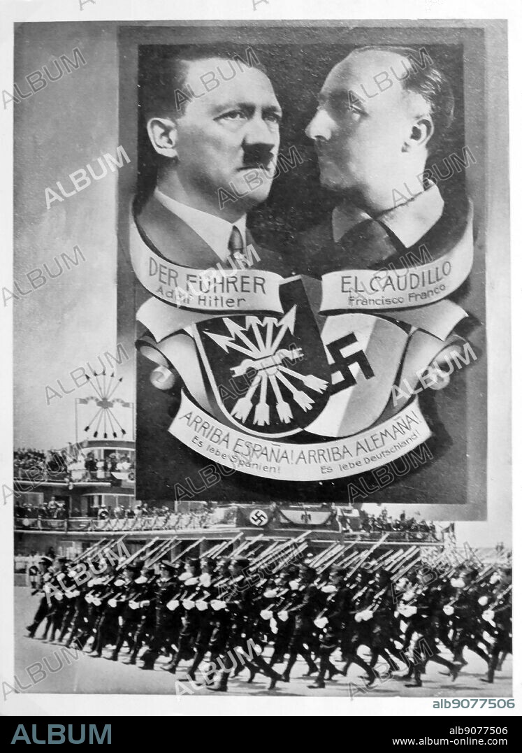 Spanish fascist poster celebration Nazi German and Francoist Spanish relations circa 1940. During World War II the Spanish State under Francisco Franco espoused neutrality as its official wartime policy. In 1940 Franco met with Adolf Hitler in Hendaye to discuss Spain's possible accession to the Axis Powers.