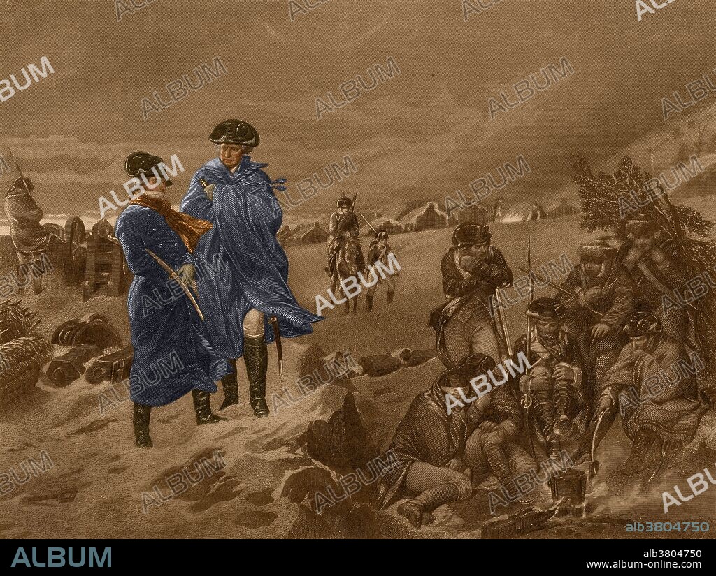 Color enhanced illustration of Washington and Lafayette at Valley Forge. Valley Forge was the military camp in southeastern Pennsylvania, approximately 20 miles northwest of Philadelphia, where the American Continental Army spent the winter of 1777-78 during the American Revolutionary War. Starvation, disease, malnutrition, and exposure killed over 2,500 American soldiers by the end of February 1778. With winter almost setting in, and with the prospects for campaigning greatly diminishing, General George Washington sought quarters for his men. Washington and his troops had fought what was to be the last major engagement of 1777 at the Battle of White Marsh (or Edge Hill) in early December. He devised to pull his troops from their present encampment in the White Marsh area (now Fort Washington State Park) and move to a more secure location for the coming winter. Camp followers at Valley Forge consisted of the wives, children, mothers, and sisters of the soldiers. These camp followers often served as laundresses, cleaning and mending the uniforms of the soldiers.