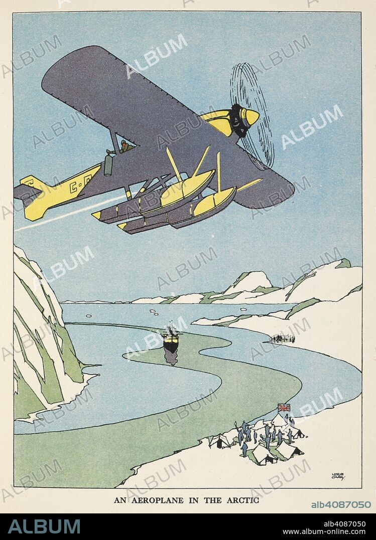 LESLIE CARR and CYRIL HALL. An areoplane in the Arctic.' An Aeroplane flying over a British camp on the ice. . Motor and Plane ... Illustrated, etc. London ; Glasgow : Blackie & Son, [1932]. Source: 012803.l.38 page 21.