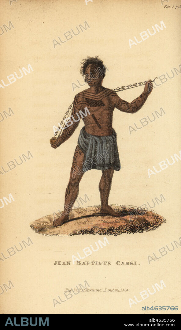 Jean Baptiste Capri, a French deserter who lived on Nuku Hiva, Marquesas Islands, with tattoos. Handcoloured stipple engraving from Frederic Shoberl's The World in Miniature, The South Sea Islands, Ackermann, 1824. After an illustration in G. H. von Langsdorff's Voyages and Travels, 1813.