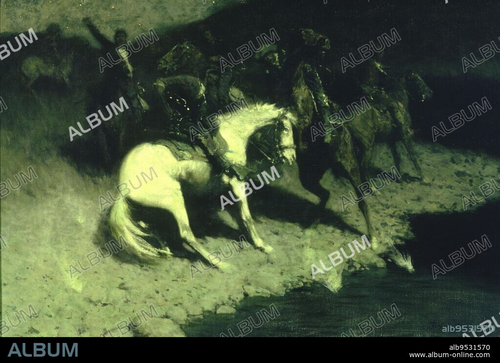 FREDERIC REMINGTON. Fired On. oil on canvas. Date: 1907.
