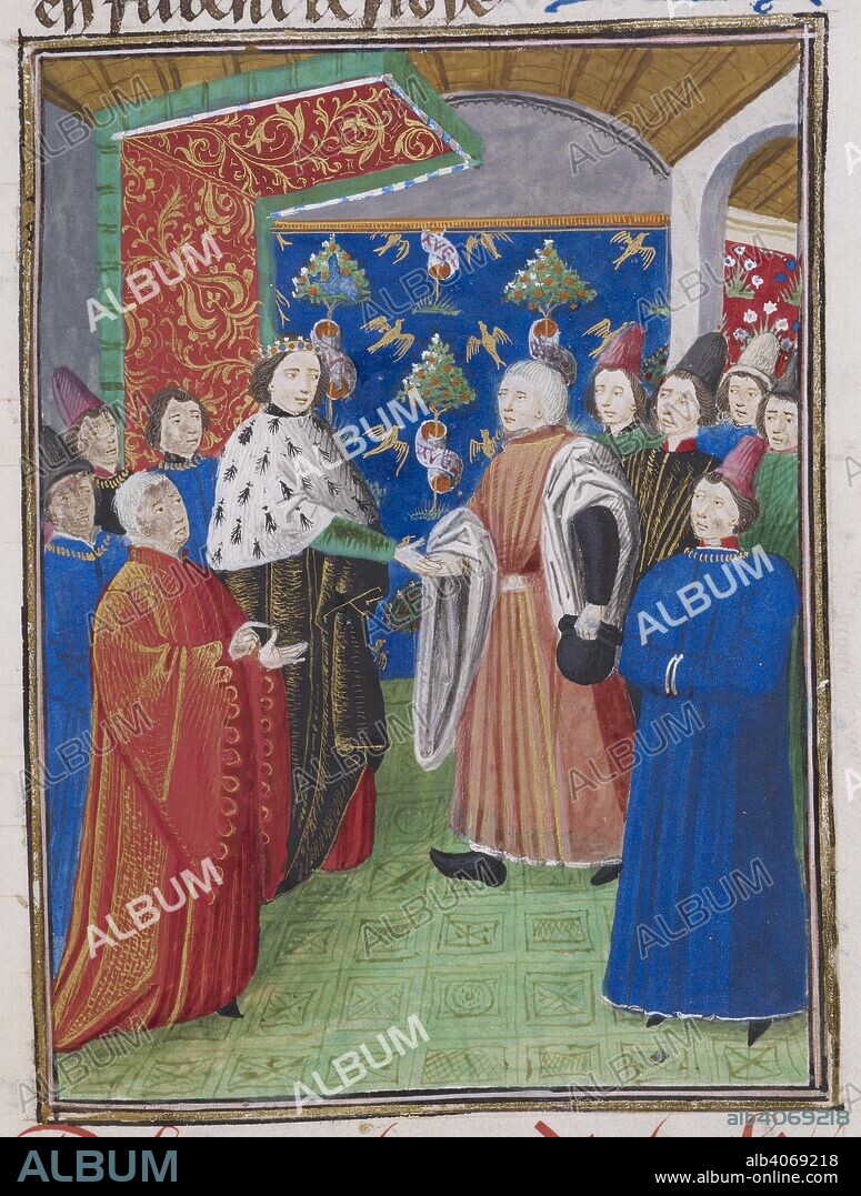 John V, Duke of Brittany and Sir Olivier de Clisson making peace. Jean Froissart, Chroniques (the 'Harley Froissart'). c 1470-1472. Source: Harley 4380 f.49.