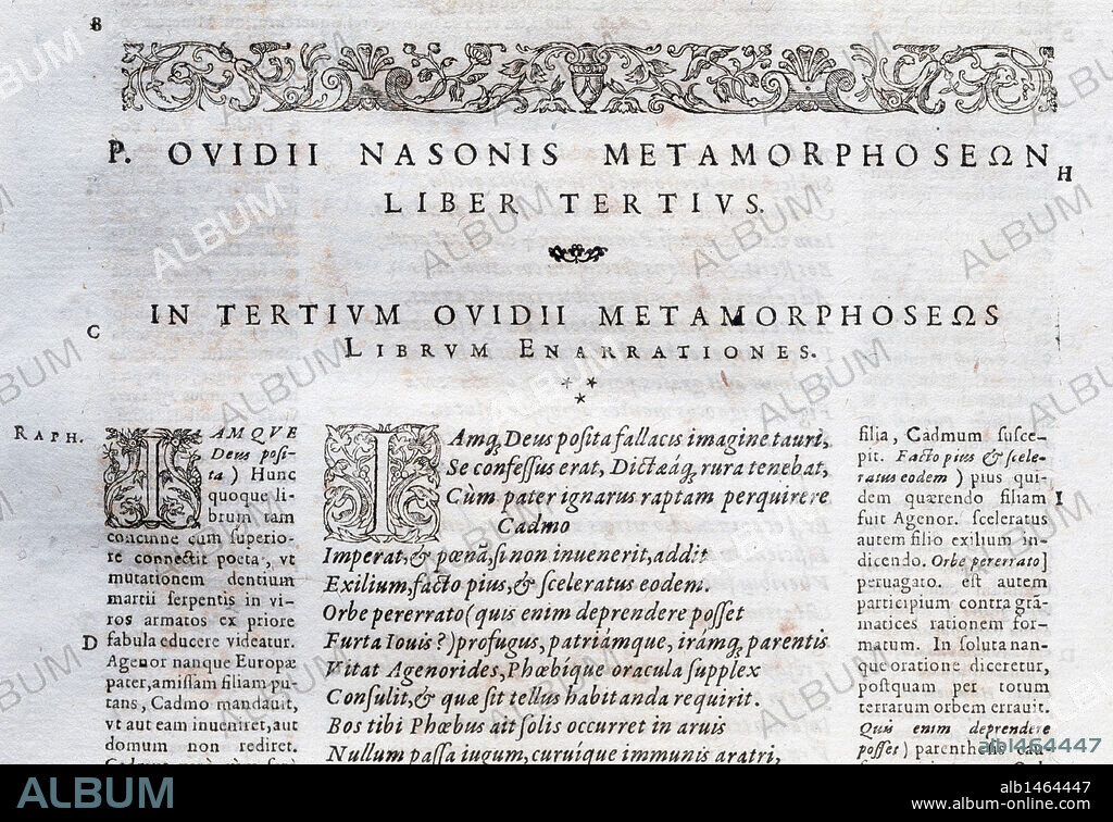 Publius Ovidius Naso ( 43 BC Ð AD 17/18), known as Ovid in the English. Roman poet. The Metamorphoses. Latin narrative poem. Book II. Cadmus. Edited in Frankfurt, 1601.