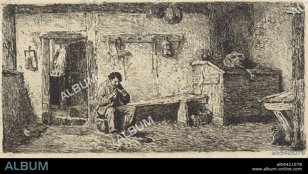 In a shabby room or barn, a man on a bench lights his pipe from a tinder. On the right is a large chest containing a water jug. On the wall a coat stand with a lantern and a rope., Man smoking a pipe in a barn, print maker: Hendrik Jacobus Scholten, 1836 - 1907, paper, etching, h 98 mm × w 168 mm.