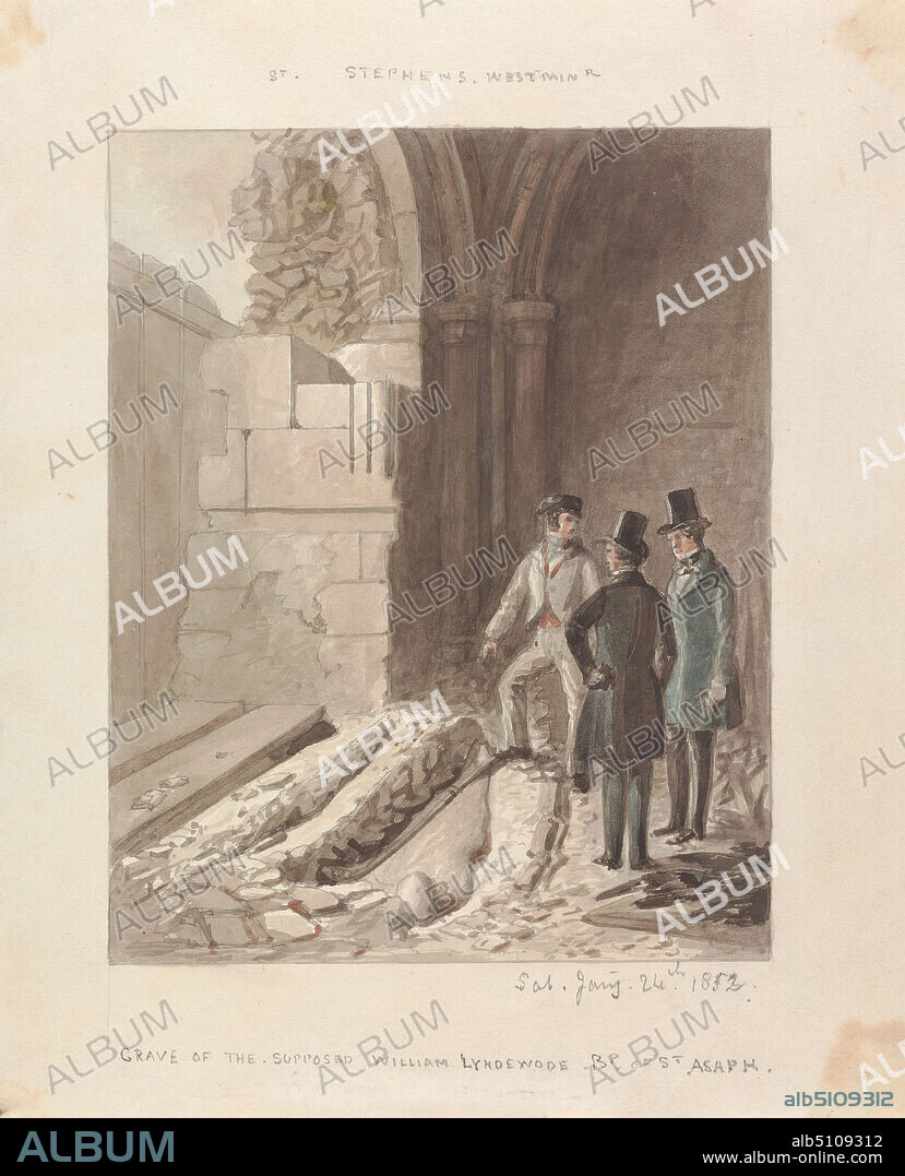 Grave of the Supposed William Lyndewode, unknown artist, nineteenth century, 1852, Graphite, gray pen and watercolor on slightly textured, medium thickness, cream wove paper, Sheet: 9 × 7 5/16 inches (22.9 × 18.6 cm), architectural subject, crypt, grave, interior view, City of Westminster, England, House of Commons, London, Palace of Westminster, St. Stephen's Chapel, Palace of Westminster, United Kingdom.