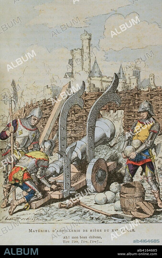 Europa. Material de artillería. Siglo XV. Utilización de la pólvora. Ilustración a color de la "Armeé Française, Nos Soldats" (Ejército Francés, Nuestros Soldados). Autor, Eugene Hennebert (1826-1896). París, h. 1890. Ilustraciones firmadas por Hussenot y Pallandre. Biblioteca Histórico Militar de Barcelona, Cataluña, España.