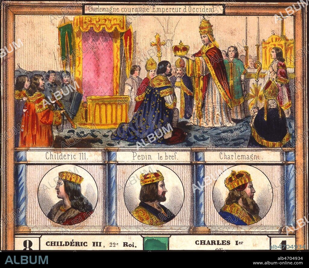 En haut : le Pape LEON III (750-816) couronne CHARLEMAGNE (742-814) empereur d'Occident. En bas : portraits de CHILDERIC III, PEPIN LE BREF, et CHARLEMAGNE (voir detail kh64824). Lithographie tiree du Loto de l'Histoire de France, vers 1840. Credit : Collection Grob/KHARBINE-TAPABOR.