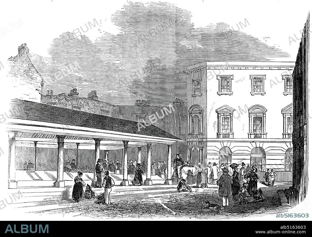 Hutchinson's Market, Aldgate, 1845. Newly built covered market in London: '...a commodious marketplace, a respectable tavern, and between 40 and 50 dwelling-houses. The market is intended for the convenience of the Jewish population of the district, who consume a considerable quantity of fish...The Market, Tavern, and houses have been erected from the designs of Mr. Arthur Ashpitel, of Old Broad-street, within twelve months...Part of the site was formerly occupied by meanly-built premises, in a sad state of dilapidation, and partly by two old mansions, which had been for many years untenanted. The property was intersected by a narrow alley, much infested by persons of bad character; and the entire locality bore that aspect of squalid poverty...'. From "Illustrated London News", 1845, Vol VII.