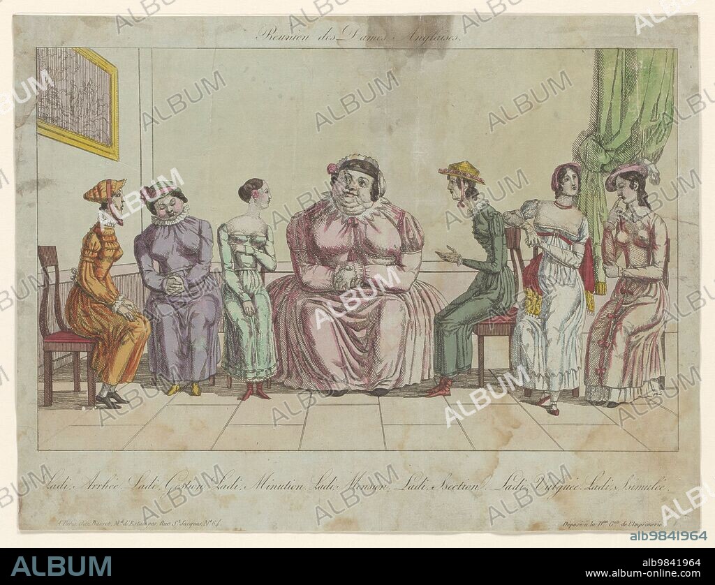 ANON and PAUL-ANDRÉ BASSET. Group of English ladies seated on chairs. 1815. Caricature of various English types.