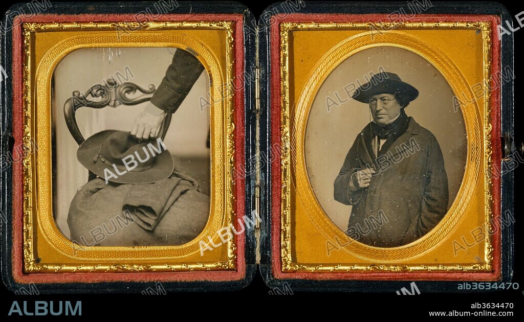 [Cornelius Conway Felton with His Hat and Coat]. Artist: John Adams Whipple (American, 1822-1891). Dimensions: visible: 8.3 x 7 cm (3 1/4 x 2 3/4 in.) each. Date: early 1850s.
This rare daguerreotype diptych shows Cornelius Conway Felton (1807-1862), Eliot Professor of Greek Literature at Harvard University, reaching for his felt hat and duster.  The first son of a poverty-stricken furniture maker, Felton became one of the most renowned classical scholars in the country and, in 1860, Harvard's president.  Although Felton donned academic robes, he never lost his connection to the everyday experiences of common folk.  He preferred scaling ancient ruins to suffering the ennui of Cambridge clubs and, like Lord Byron, was a sensualist who disdained constricting clothes.
<p>
This witty photograph lampoons the rigid formality of the portrait process through narrative gesture (the implied reach across two separate images) and nuance (the delicate crush of the soft hat's crown).  As opposed to the inflexible silk top hat worn by dandies and professors alike, the broad-brimmed felt hat was worn by outdoorsmen and was practical, casual, and fundamentally democratic.  It could be worn in crowded railway carriages, while shooting in the country, and on archaeological excavations, occasions where the top hat was both uncomfortable and unmanageable.  Lambasting London's commercial art bazaar, Oscar Wilde wrote: "A nation arrayed in stove-pipe hats might have built the Pantechnikon possibly, but the Parthenon never."
  </p>.