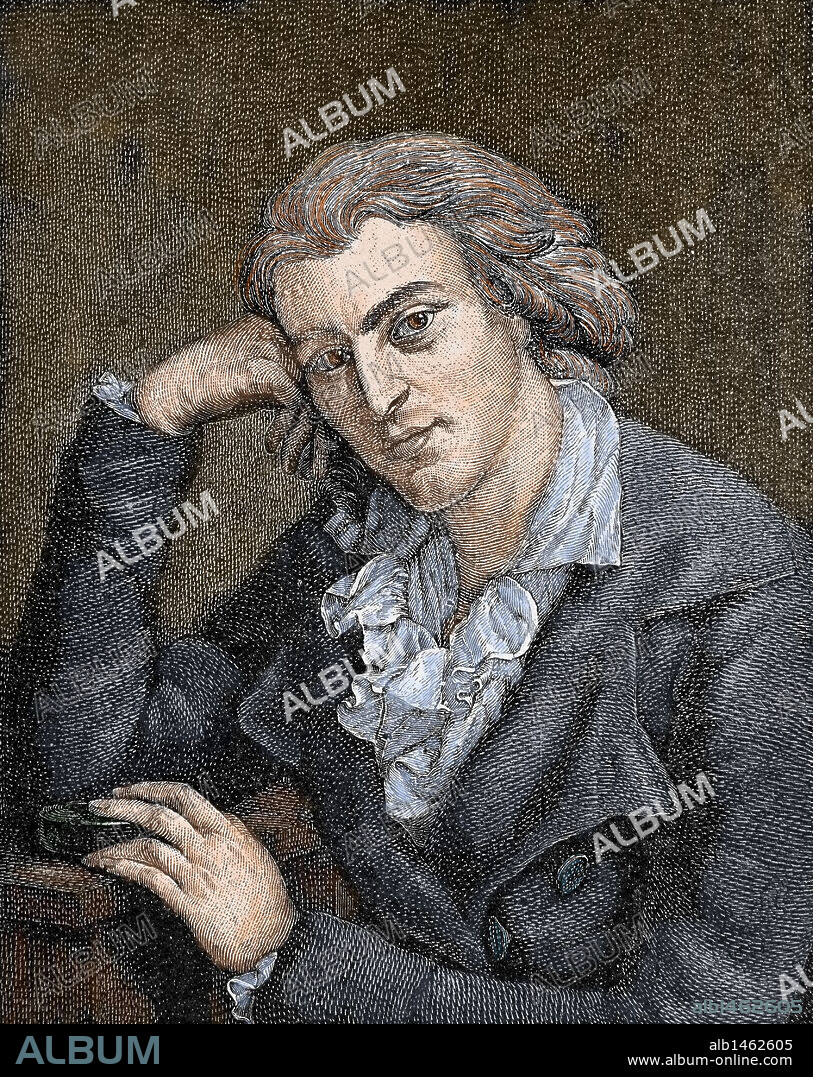 SCHILLER, Johann Christoph Friedrich von (Marbach 1759-Weimar, 1805). German poet, philosopher, historian, and playwright. Colored engraving.