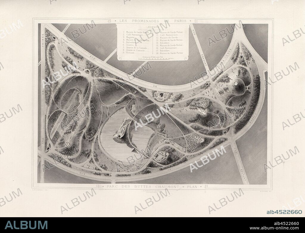 Parc Buttes Chaumont, plan, Map of Parc de Buttes Chaumont bird's eye view from the 19th century, signed: E. Hochereau Del, J. Rothschild, Éditeur; H. Durau Sc, Fig. 6, p. 90, Hochereau, E. (del.); Rothschild, J. (ed.); Durau,H. (sc.), Adolphe Alphand: Les promenades de Paris [...]. Planches. Paris: par J. Rothschild, 1867.