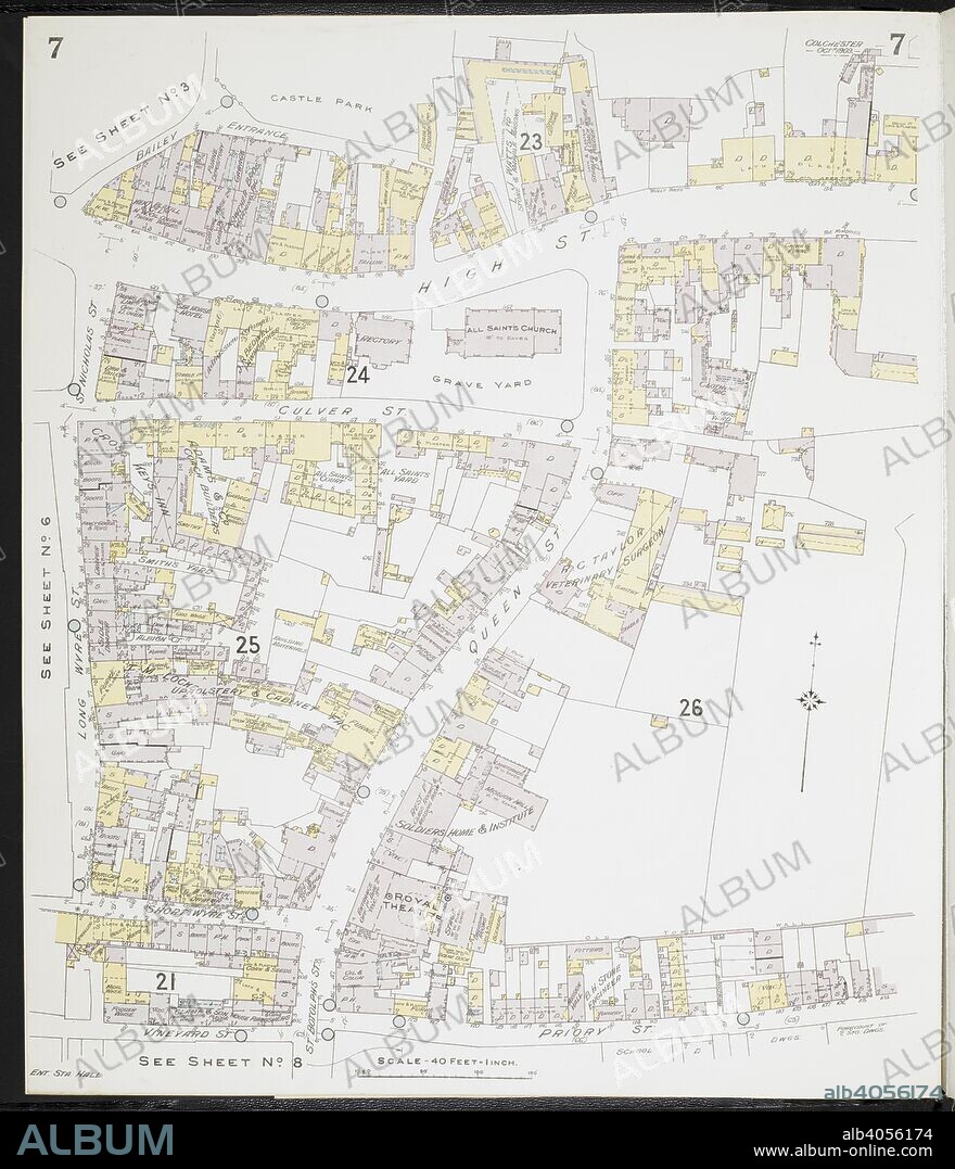 Map of Colchester, Essex. Colchester, (Essex) : [fire insurance plans]. London : Chas. E. Goad Limited, 1909. 63x54cm.; Scale [1:480]. 40ft = 1 inch. Source: Maps 149.b.29.(2) Sheet 7.