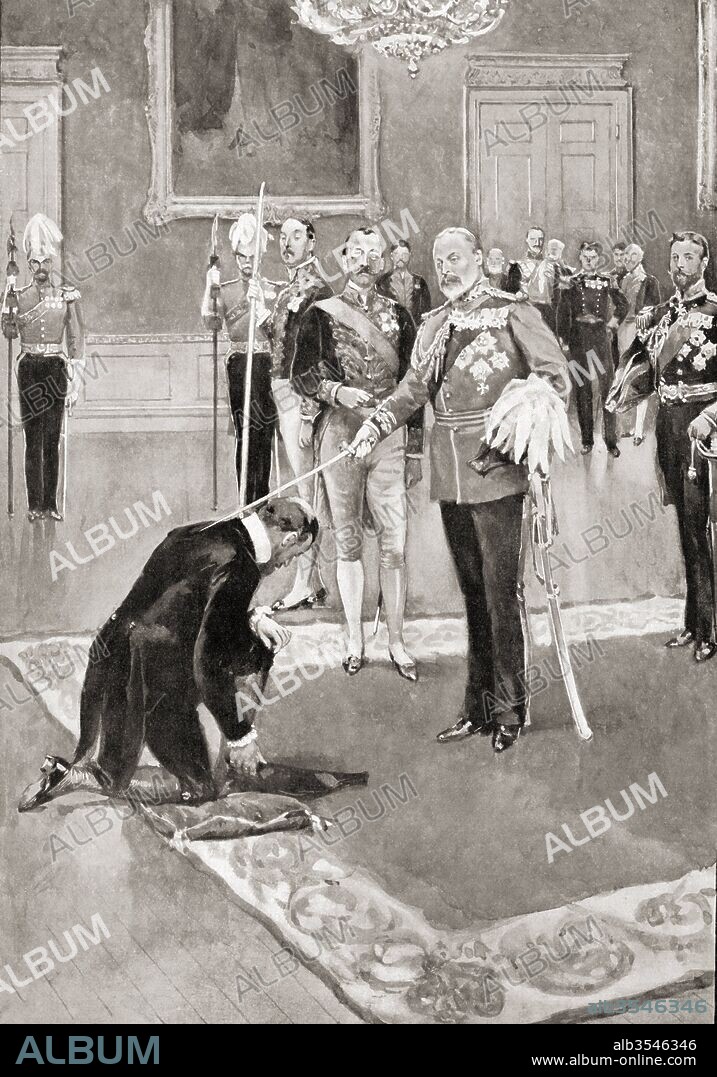 King Edward VII (1841 – 1910) conferring a knighthood. From Living London, published 1903.