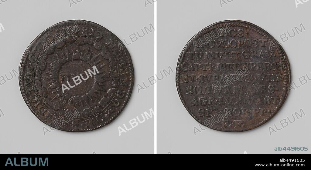 Destruction of the Duchy of Luxembourg by Louis Gunther of Nassau-Siegen, Copper Medal. Obverse: Jehovah's name in Hebrew script in radiant wreath within a circle. Reverse: inscription, Luxembourg, Louis Gunther count of Nassau, States General, anonymous, Netherlands, 1602, copper (metal), striking (metalworking), d 3 cm × w 74 gr.