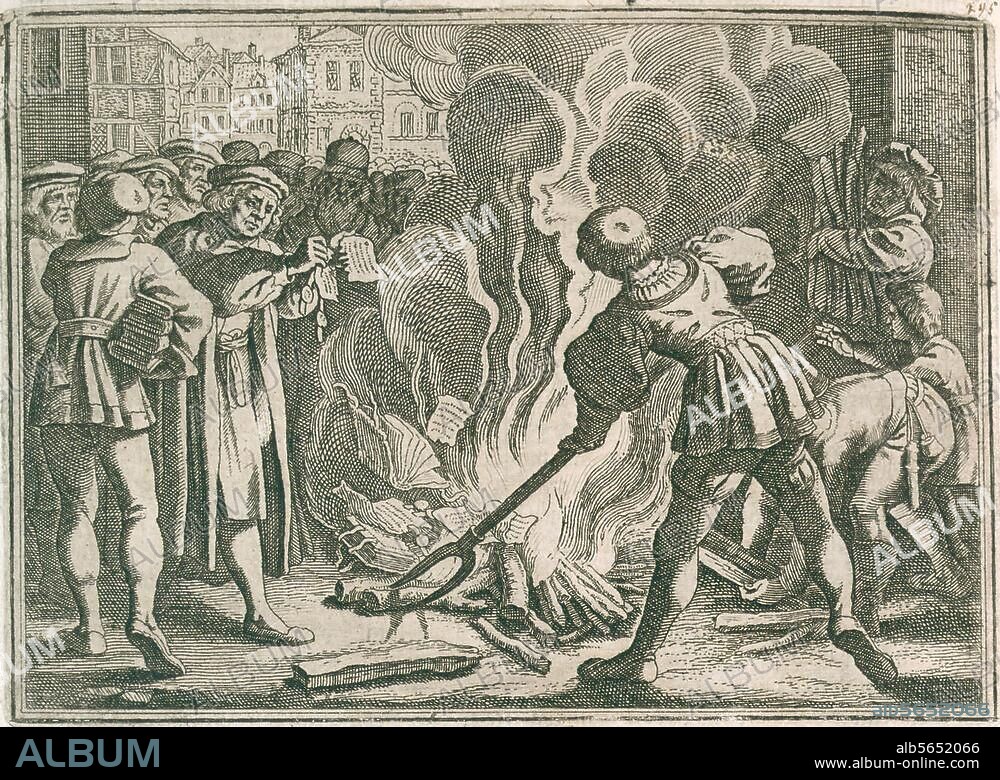Luther, Martin. 1483-1546. Luther verbrennt am 10. Dez. 1520 vor dem Elstertor in Wittenberg die päpstliche Bannbulle. Kupferstich von Matthäus Merian (1593-1650). Aus: Joh. Ludw. Gottfried, Historische Chronica (...), Frankfurt a. M. (Merian) 1630, S. 836. Berlin, Sammlung Archiv für Kunst und Geschichte.
